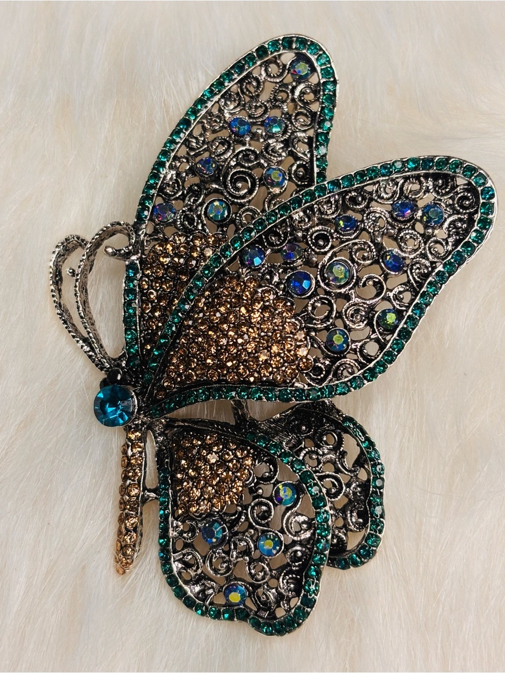 Large Teal Rhinestone Butterfly Filigree Statement Brooch